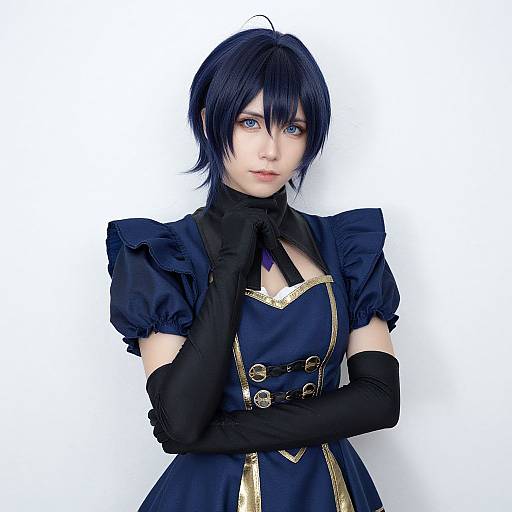 Photograph of a pale-skinned anime-style woman with short black hair, blue eyes, and wearing a dark blue, puffed-sleeve dress