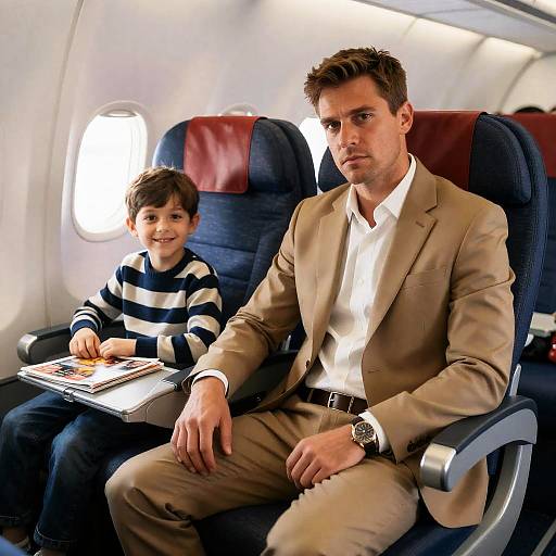 Man and boy seated on airplane