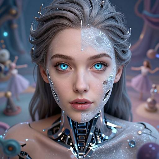 Digital artwork of a cybernetic woman with glowing blue eyes, silver hair, and metallic facial implants, set in a futuristic, doll-like background.