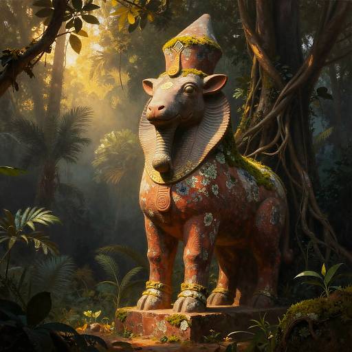 Sunlit Khnum Statue in Jungle Mist