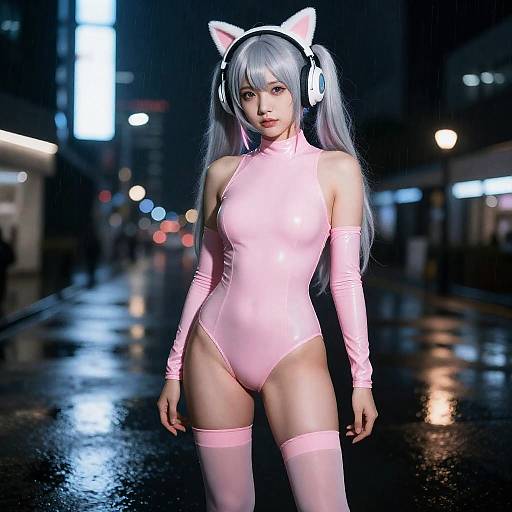 Night Rain City Girl in Pink Bodysuit