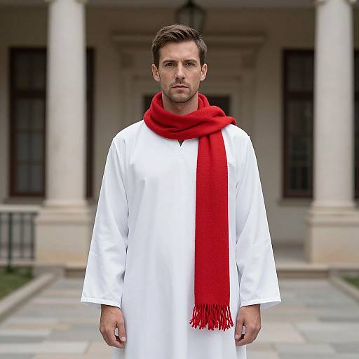 Photograph of a handsome, serious-looking man with short brown hair, wearing a white robe and bright red scarf, standing in front of a classical building
