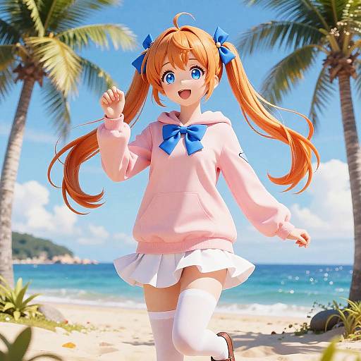 Anime-style digital drawing of a cheerful orange-haired girl with blue eyes, wearing a pink hoodie, blue bow, white skirt, and thigh-high socks,