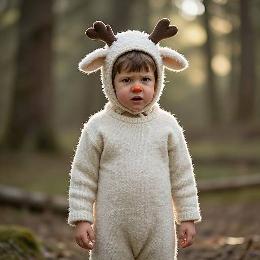 Photograph of a young boy in a white, fuzzy reindeer onesie with antlers and a red nose, standing in a forest.