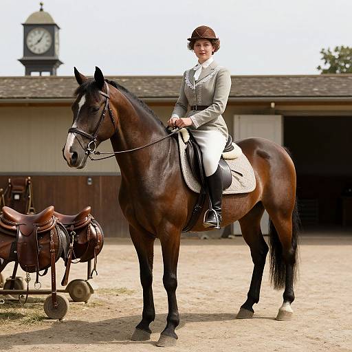 Photograph of a smiling woman in equestrian gear, riding a dark brown horse with a beige saddle blanket, in front of a stable.