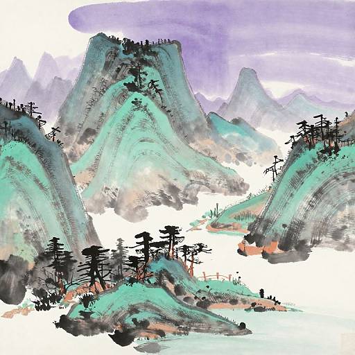 Digital painting of lush, turquoise-green mountain peaks with black trees, under a purple sky, featuring Asian-style calligraphy text.