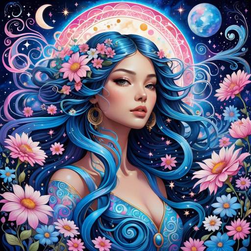 Mystical Blue-Haired Woman with Flowers and Celestial Background