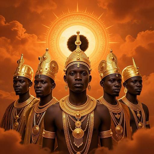 Photograph of four dark-skinned African men in ornate gold crowns and jewelry, standing in front of a glowing, radiant sun against a fiery