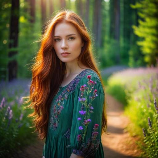 Redhead Woman in Green Dress with Wildflowers