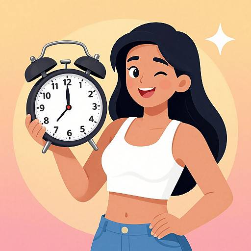 Cheerful Cartoon Woman with Alarm Clock