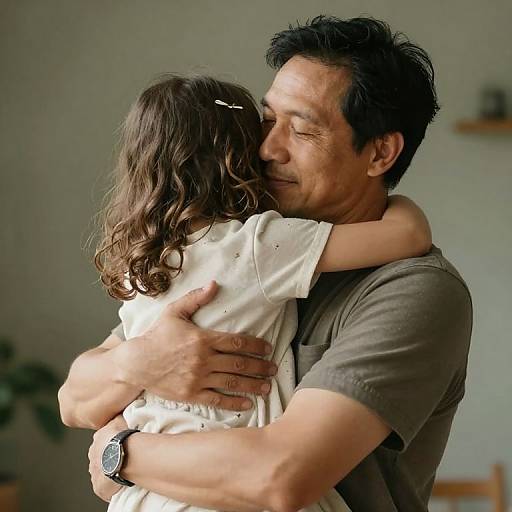 Photograph of a middle-aged man with short black hair, hugging a young girl with curly brown hair, wearing a white shirt, in a warmly