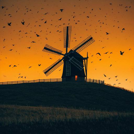 Lone Windmill at Dusk with Birds