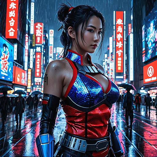 Cybernetic Samurai Woman in Futuristic Tokyo