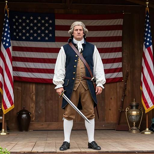 Photograph of a stern-looking Revolutionary War-era man in white shirt, brown vest, and pants, holding a sword, standing before an American flag,