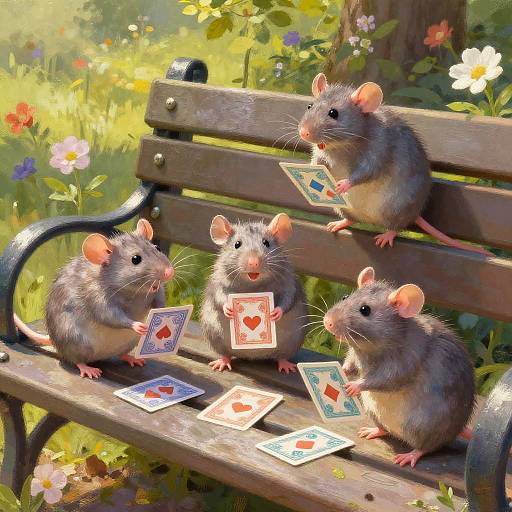 Whimsical digital painting of four gray mice on a wooden bench in a sunny garden, playing cards with flowers and hearts.