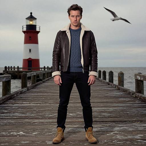 Photograph of a serious man in a black leather jacket, blue sweater, and tan boots standing on a wooden pier with a red-and-white lighthouse