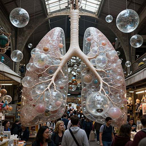 Photograph of a market hall displaying a large, white, wire lung sculpture with transparent, bubble-like branches and multicolored orbs, surrounded by shoppers