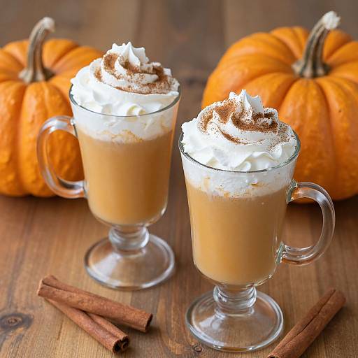 Photograph of two glass mugs with pumpkin spice lattes, topped with whipped cream and cinnamon, surrounded by orange pumpkins and cinnamon sticks on
