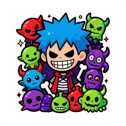 Chibi-style digital drawing of a blue-haired character with a mischievous grin, surrounded by colorful, cartoonish skulls in red, green, purple