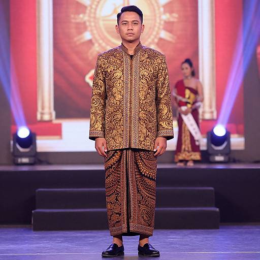 Photograph of an Asian man in ornate golden-brown traditional Baju Melayu, standing on a runway with a blurred female dancer in red
