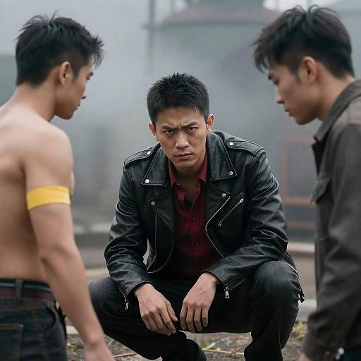 Intense Trio in Misty Industrial Scene