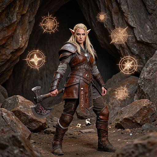 Photograph of a fierce, blonde, elven warrior with pointed ears, wearing brown armor and holding a double-headed axe, standing in a rocky cave