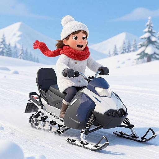 3D cartoon of a smiling child with brown hair, wearing a white hat, red scarf, and white coat, riding a snowmobile through snowy mountains