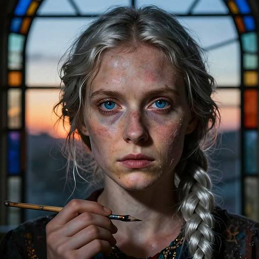 Photograph of a young woman with fair skin, blue eyes, and silver braided hair, holding a paintbrush, in front of a colorful stained