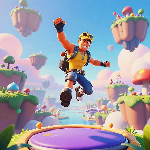 CGI image of a muscular, smiling man with yellow shirt, blue jeans, and goggles, jumping joyfully over a colorful, floating landscape with mushrooms