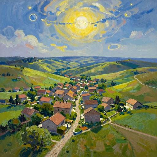 Vibrant oil painting of a sunlit, green hillside village with red-roofed houses, winding road, and swirling, bright yellow sun