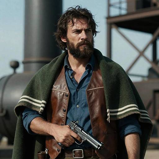 Rugged Man with Pistol in Industrial Setting