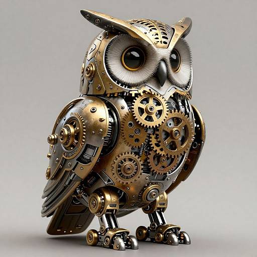 Steampunk-style, intricately detailed, golden owl robot with large black eyes and gear mechanisms on wings and body, standing on mechanical feet.