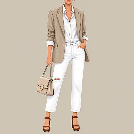 Digital illustration of a woman in a grey blazer, white button-up shirt, white cropped pants, and brown platform sandals, holding a beige purse.