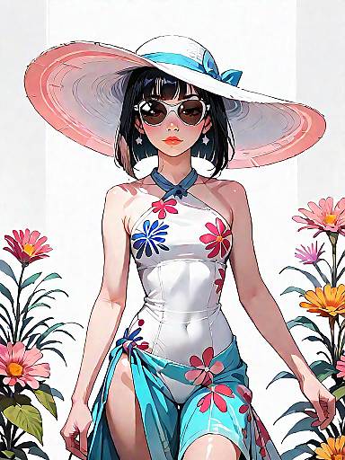 Girl in Floral One-Piece Swimsuit and Oversized Sun Hat