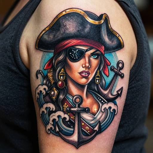 Vivid tattoo of a pirate woman with eyepatch, tricorn hat, red bandana, gold earrings, and anchor on a bicep