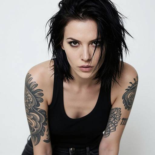 Photograph of a pale-skinned, black-haired woman with intense gaze, wearing a black tank top, showcasing detailed floral tattoos on both arms, against