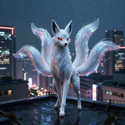Cyber-Kitsune Over Futuristic City