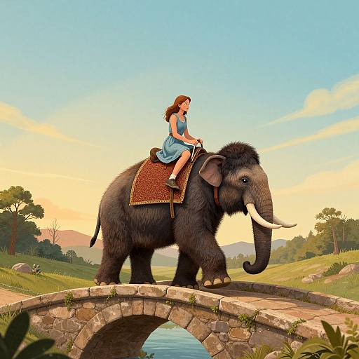 Digital illustration of a woman with brown hair in a blue dress riding a large, black elephant with white tusks across a stone bridge in a lush,