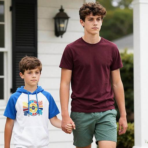 Teenage boys walking outside holding hands