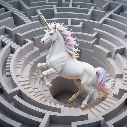 Digital art: White unicorn with a golden horn and pastel-maned tail rears up in a gray, labyrinthine stone maze.