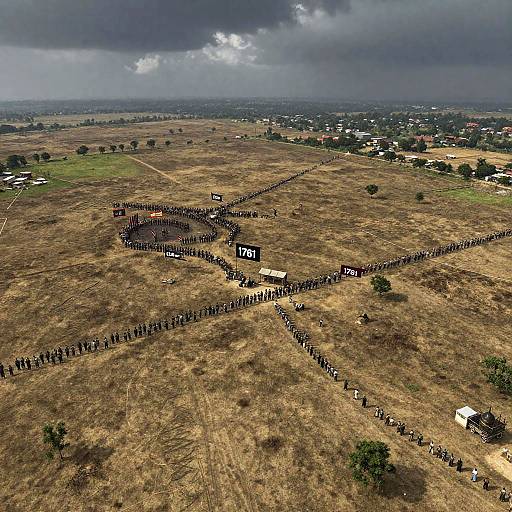 Aerial photograph of a large group of people forming a geometric pattern on a dry, grassy field under a cloudy sky.
