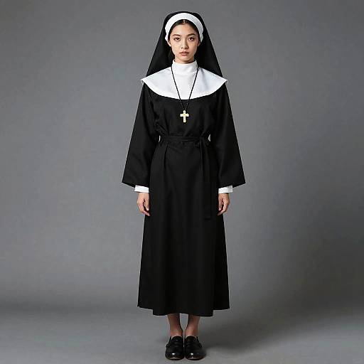 Photograph of a young woman in a traditional black nun's habit with white collar, cross necklace, and veil, standing against a gray background.