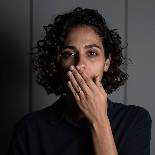 Woman Covering Mouth in Shadowed Light