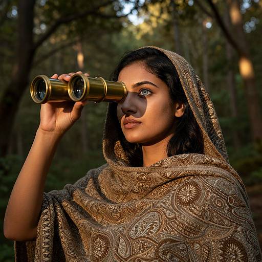 Photograph of a young woman with medium brown skin and dark hair, wearing a patterned brown shawl, using brass binoculars in a sun
