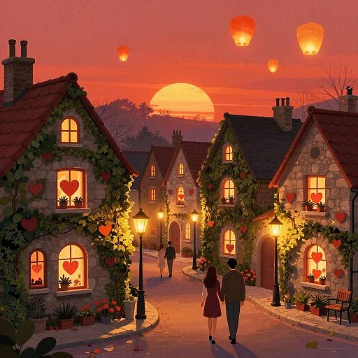 Whimsical sunset village with glowing heart-shaped windows, ivy-covered stone cottages, floating red balloons, couple walking hand-in-hand, warm orange