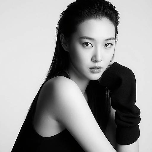Black-and-white photograph of an Asian woman with wet, slicked-back hair, wearing a sleeveless top and black boxing gloves, looking directly at the