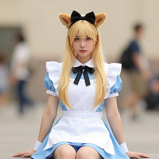 Photograph of a young woman with long blonde hair, wearing a blue and white Alice in Wonderland-inspired costume with bear ears and black bow, seated outdoors