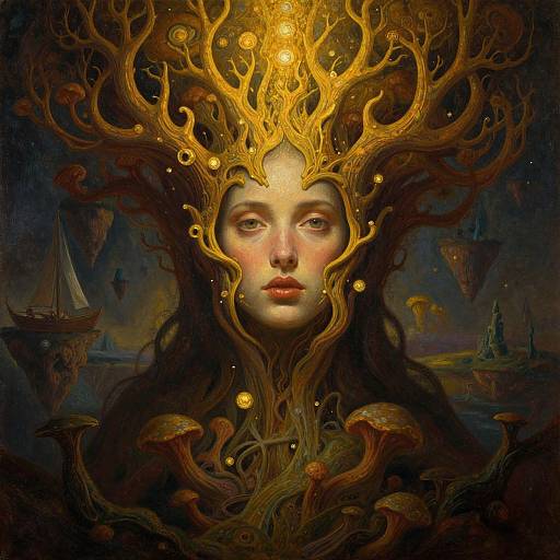 Digital fantasy artwork of a serene, ethereal woman with glowing golden antler crown, surrounded by mystical mushrooms and dark, surreal landscape.