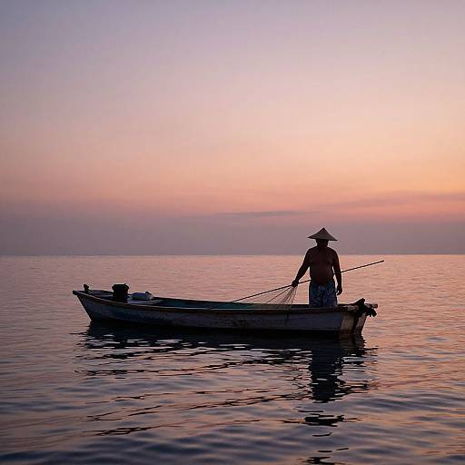 Silhouetted fisherman in conical hat stands in small boat on calm, reflective water at sunset, with pastel pink and purple sky.