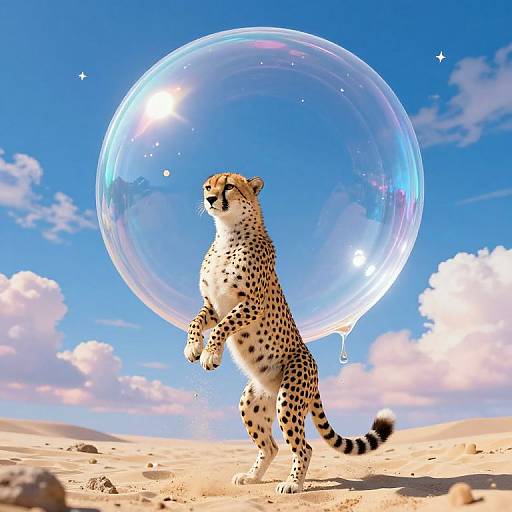 Photograph of a standing cheetah in a desert, holding a large, transparent bubble against a vivid blue sky with fluffy clouds.
